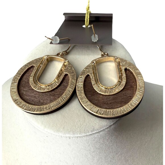 J. Jill Round Wood Earrings Gold Tone Drop Dangle Brown Neutral Boho Earthy NWT - Picture 6 of 9
